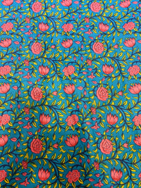 Premium Peacock Blue Traditional Floral Jaal Printed Cotton Fabric