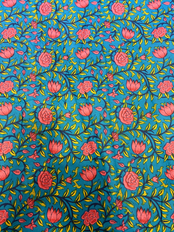 Premium Peacock Blue Traditional Floral Jaal Printed Cotton Fabric