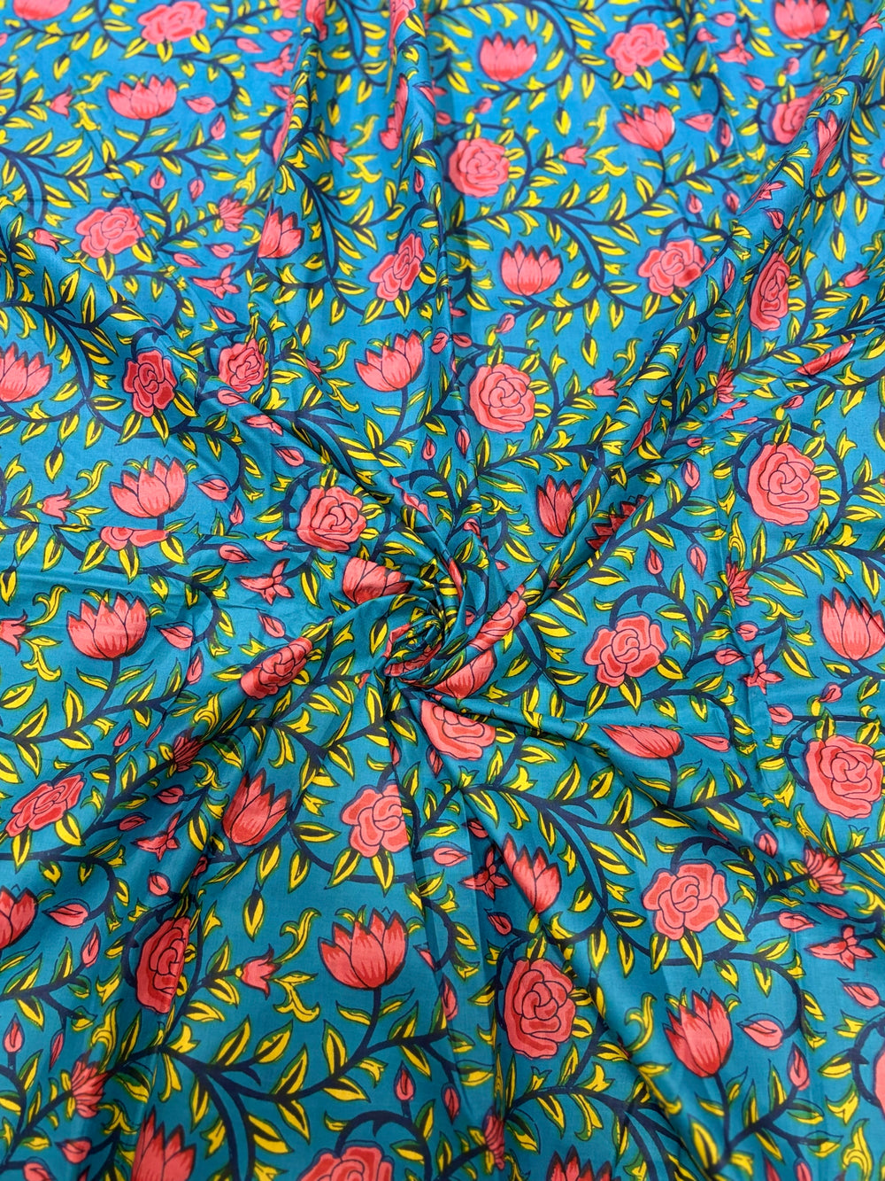 Premium Peacock Blue Traditional Floral Jaal Printed Cotton Fabric