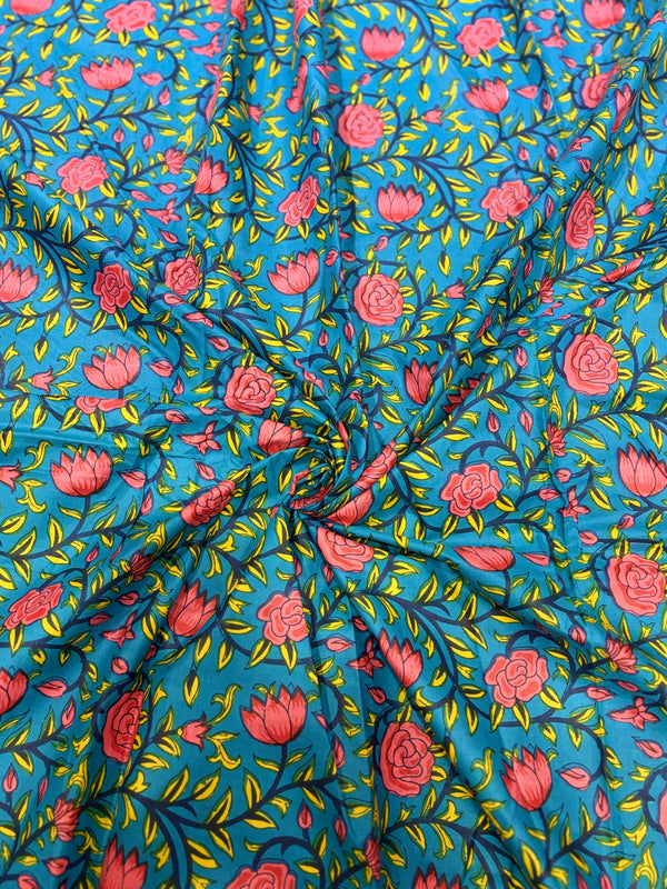 Premium Peacock Blue Traditional Floral Jaal Printed Cotton Fabric