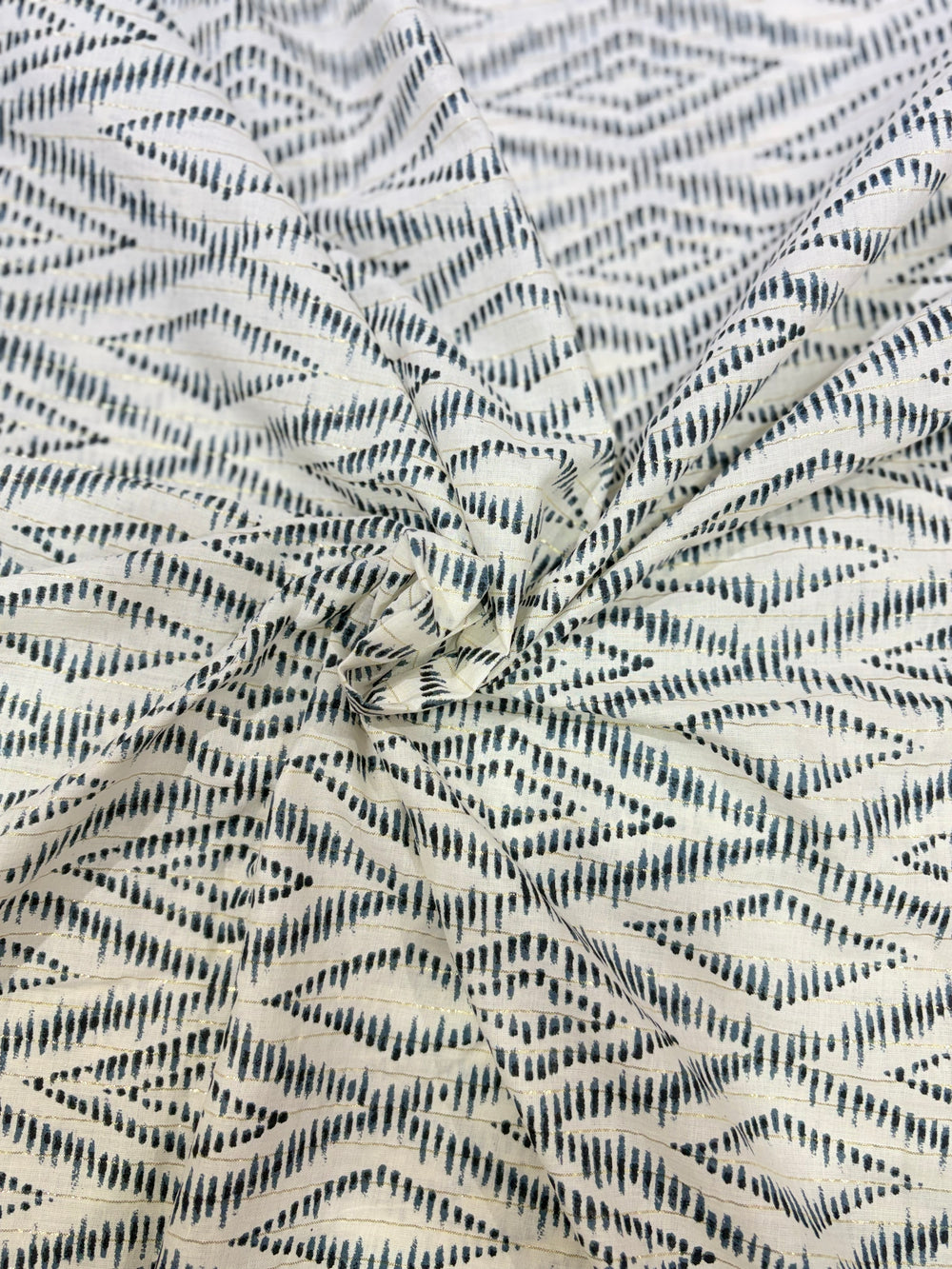 Premium Indigo Geometric Ikats on Metallic Gold Cotton Lurex Fabric