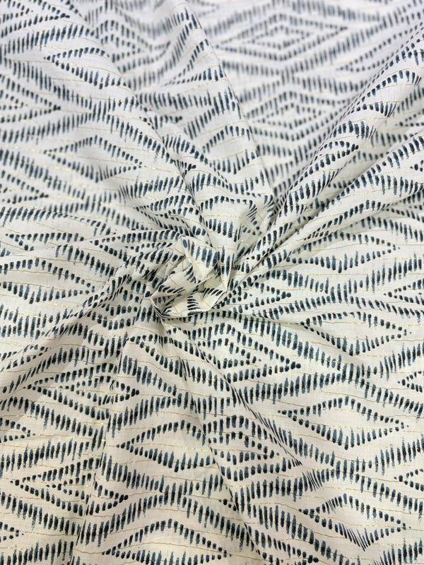 Premium Indigo Geometric Ikats on Metallic Gold Cotton Lurex Fabric