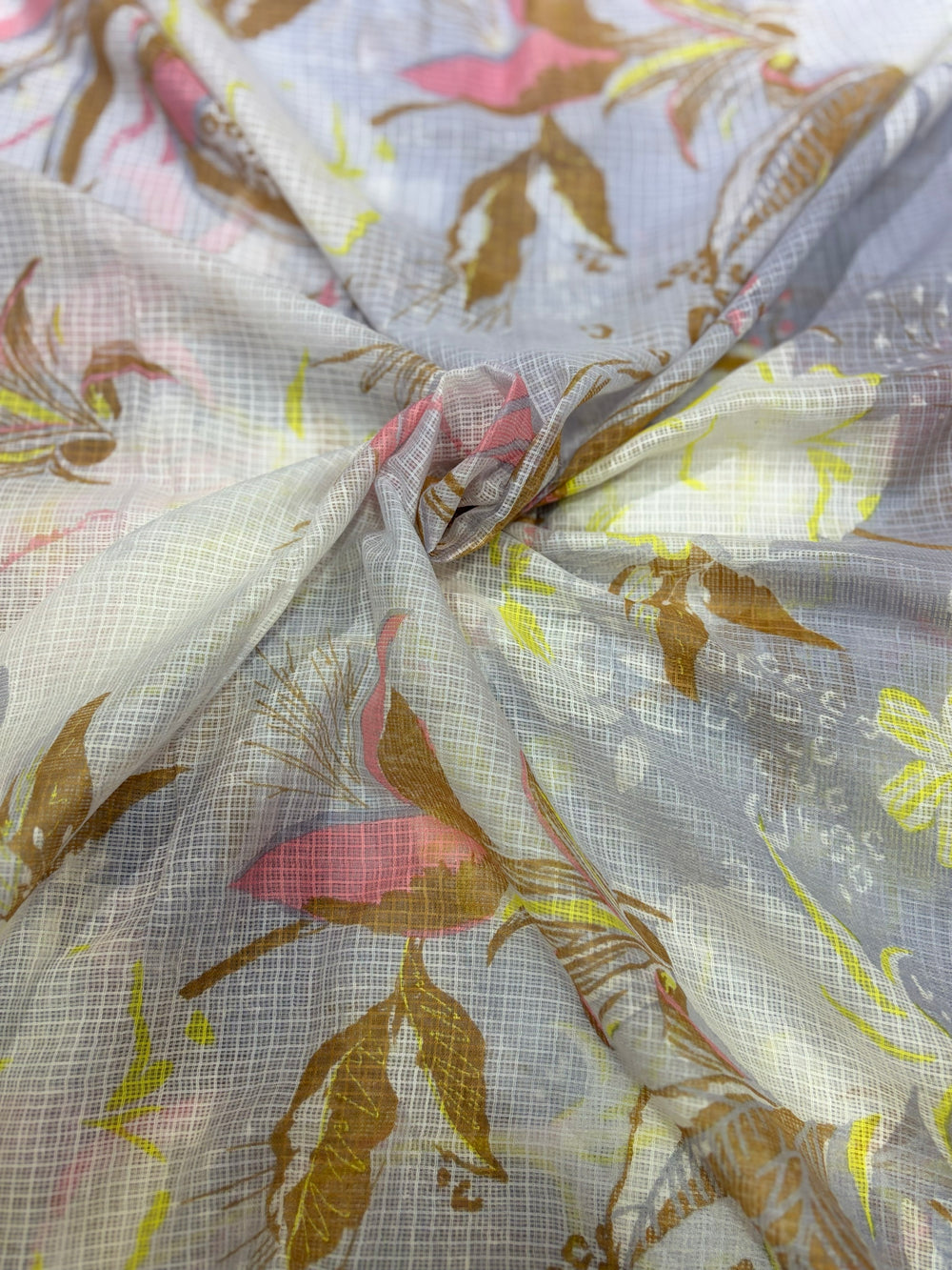 Premium Lavender-Grey Floral Botanical Printed Cotton Kota Doria Fabric