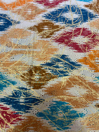 Premium Multicolor Ikat Shifli Chikankari Cotton Fabric with Metallic Gold Foil Overlay