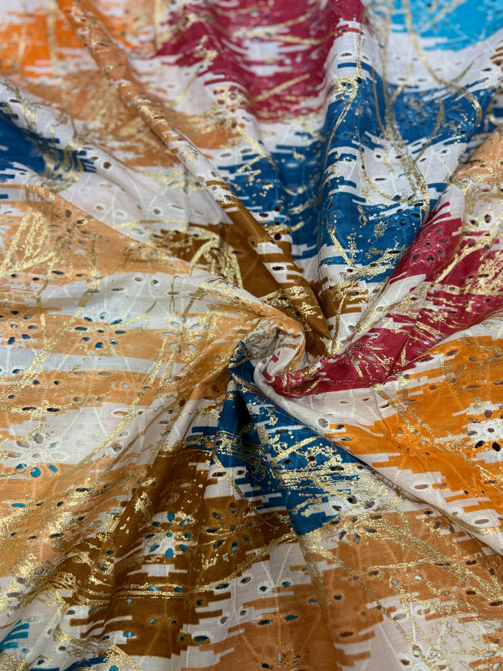 Premium Multicolor Ikat Shifli Chikankari Cotton Fabric with Metallic Gold Foil Overlay