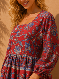 Crimson Indigo Block-Print Empire Mini Dress