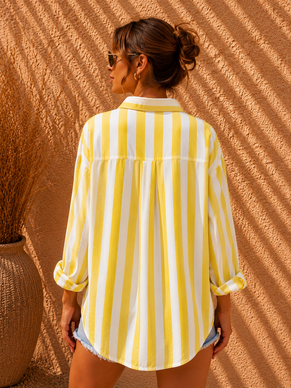 Canary Yellow & White Candy Stripe Casual Cotton Shirt