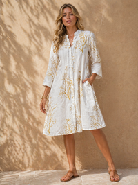 Golden Branch Pin-Tuck Shirt Dress