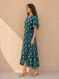 Emerald Forest Satin Wrap Maxi Dress