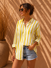 Canary Yellow & White Candy Stripe Casual Cotton Shirt