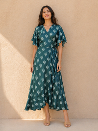 Emerald Forest Satin Wrap Maxi Dress