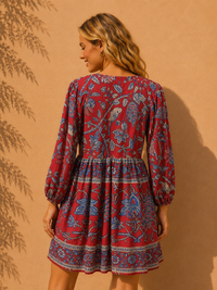 Crimson Indigo Block-Print Empire Mini Dress
