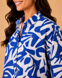 Azure Abstract Matisse-Inspired Cotton Button-Down Shirt