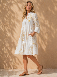 Golden Branch Pin-Tuck Shirt Dress