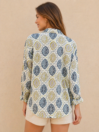 Teal & Olive Damask Medallion Printed Cotton Shirt
