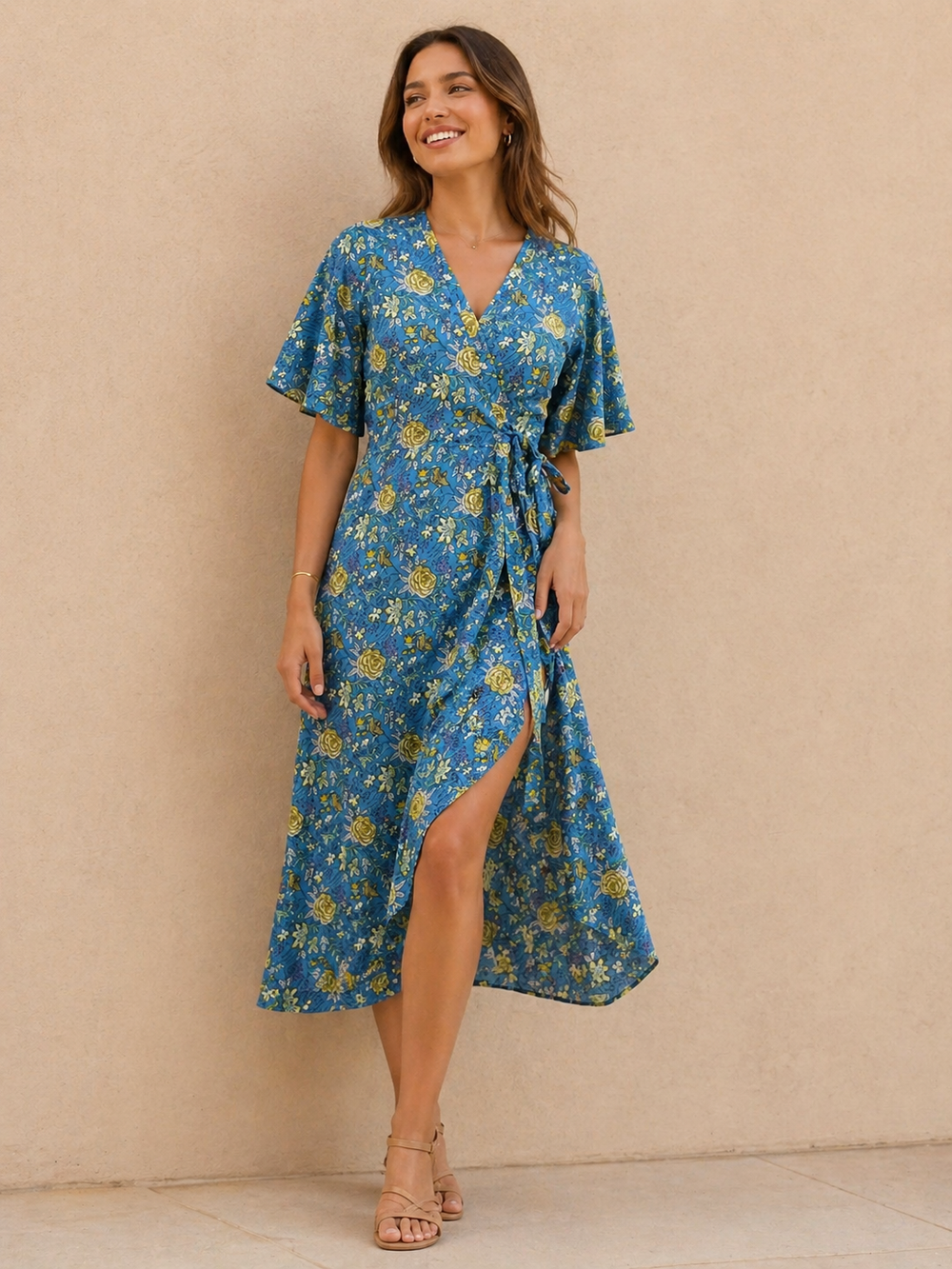Azure Rose Garden Wrap Maxi Dress