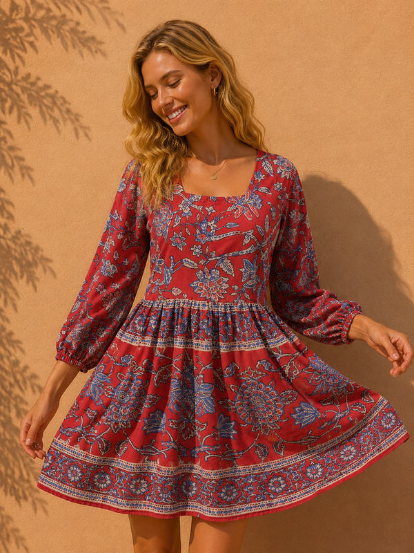 Crimson Indigo Block-Print Empire Mini Dress