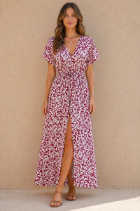 Ruby Petal Front-Slit Maxi Dress