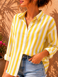 Canary Yellow & White Candy Stripe Casual Cotton Shirt