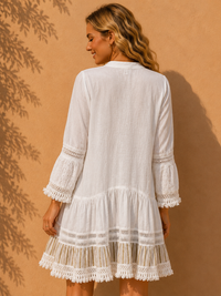 Ivory Embroidered Lace-Trimmed Boho Mini Dress