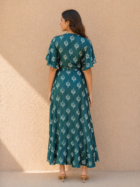 Emerald Forest Satin Wrap Maxi Dress