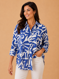 Azure Abstract Matisse-Inspired Cotton Button-Down Shirt