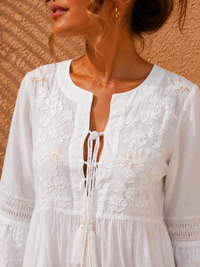 Ivory Cotton Embroidery Boho Midi Dress