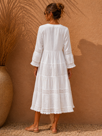 Ivory Cotton Embroidery Boho Midi Dress