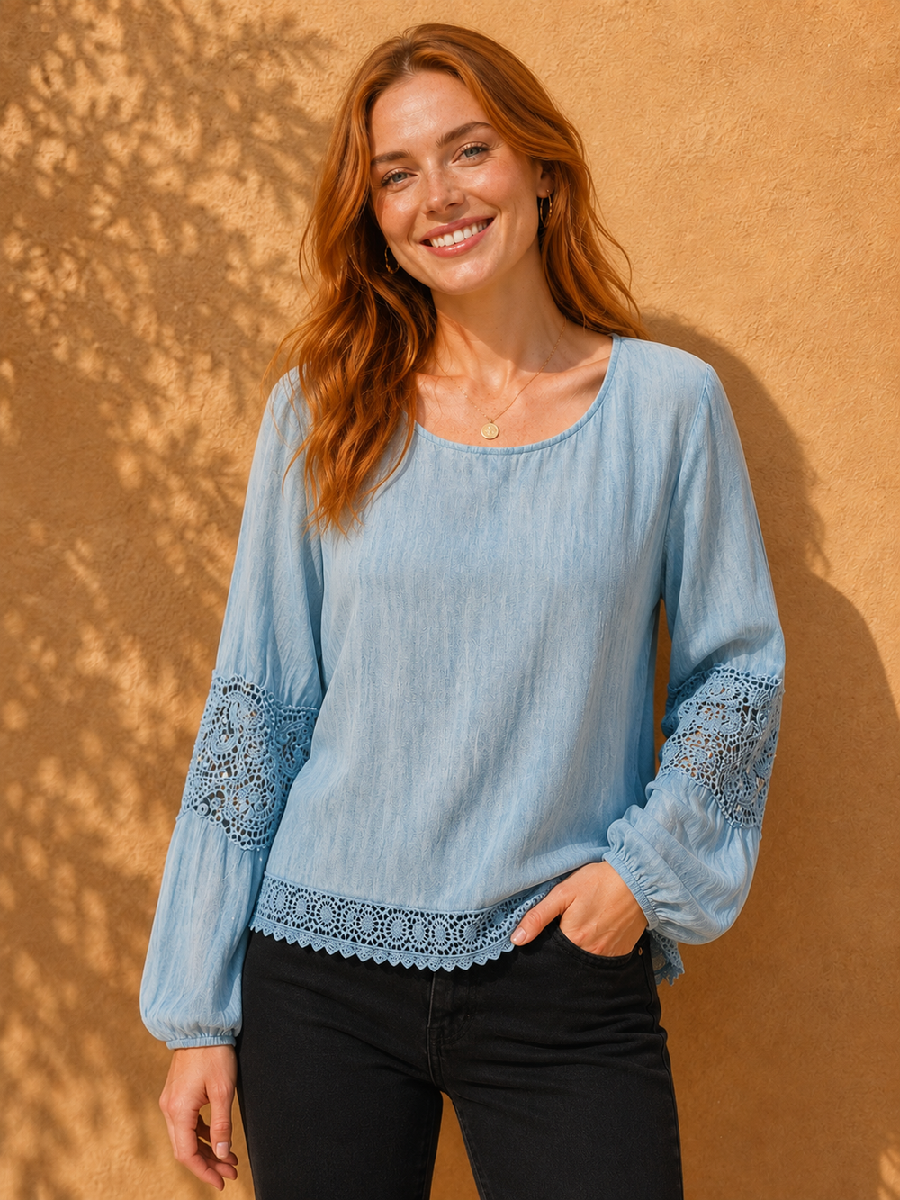 Denim Wash Loose-Fit Lace Top