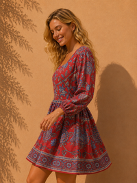 Crimson Indigo Block-Print Empire Mini Dress