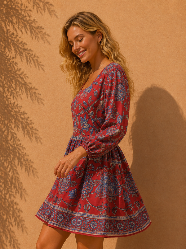 Crimson Indigo Block-Print Empire Mini Dress