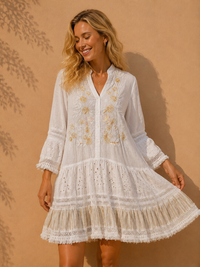 Ivory Embroidered Lace-Trimmed Boho Mini Dress