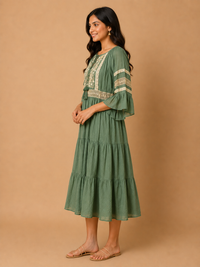 Emerald Oasis Paisley Pleated Midi Dress