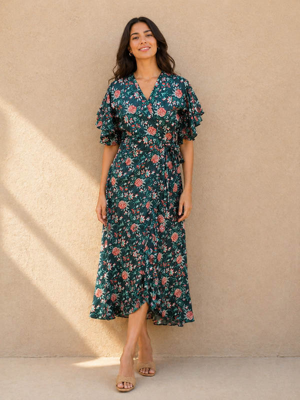 Midnight Garden Floral Wrap Maxi Dress