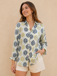 Teal & Olive Damask Medallion Printed Cotton Shirt
