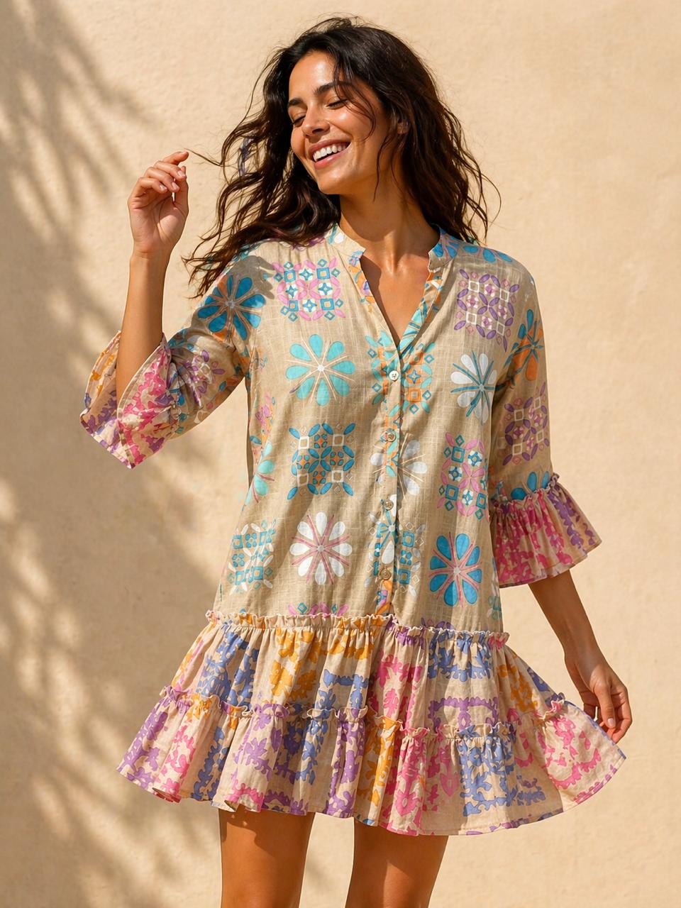 Boho Printed Tiered Mini Dress for Women – Flowy Casual Summer Dress