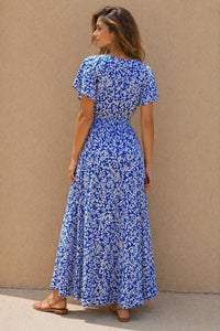Women’s Blue Floral V-Neck Midi Dress – Summer Casual Beach Wear