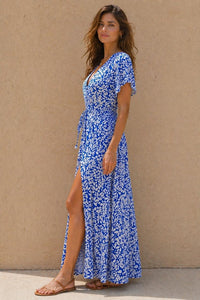 Women’s Blue Floral V-Neck Midi Dress – Summer Casual Beach Wear