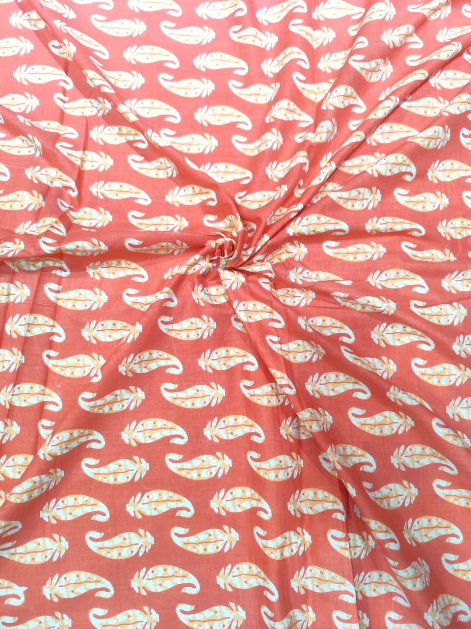 Premium Terracotta Coral Paisley Motif Pure Cotton Fabric