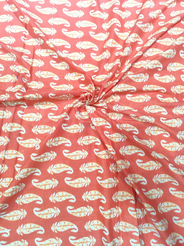 Premium Terracotta Coral Paisley Motif Pure Cotton Fabric