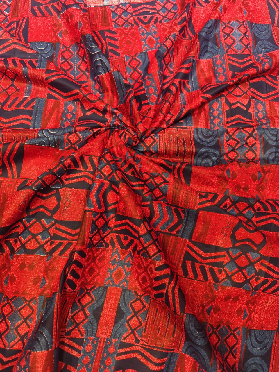 Premium Bold Red & Navy Geometric Tribal Pure Cotton Fabric