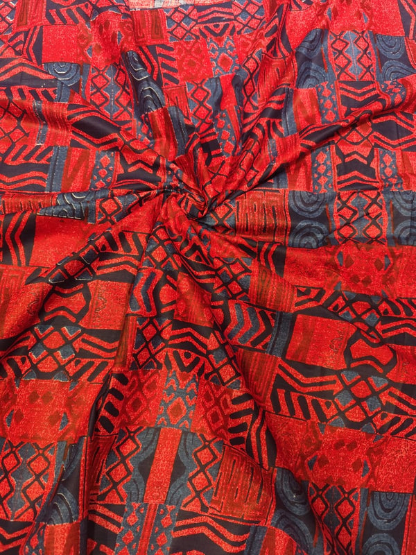 Premium Bold Red & Navy Geometric Tribal Pure Cotton Fabric