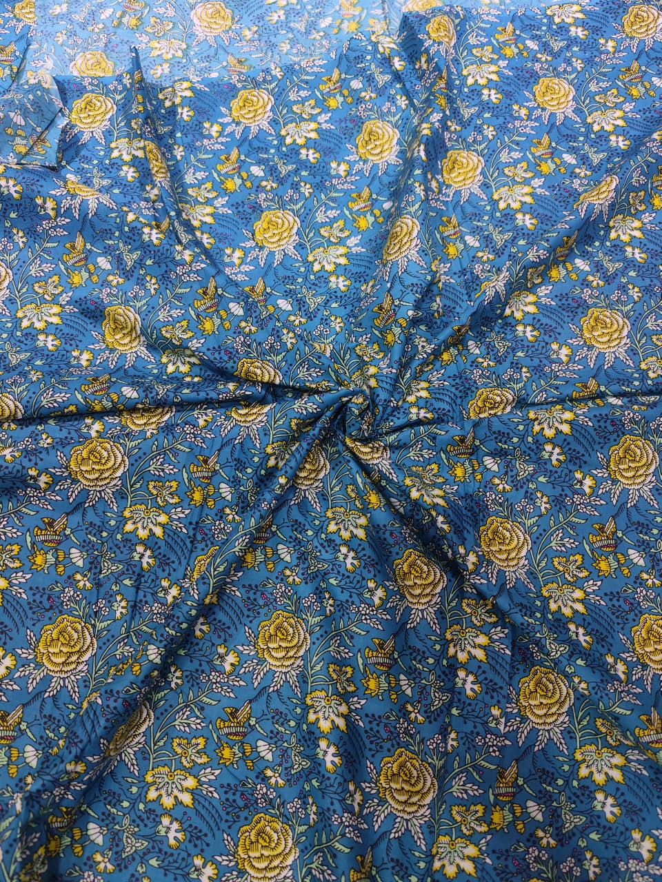 Premium Azure Blue & Yellow Floral Rose Jaal Pure Cotton Fabric