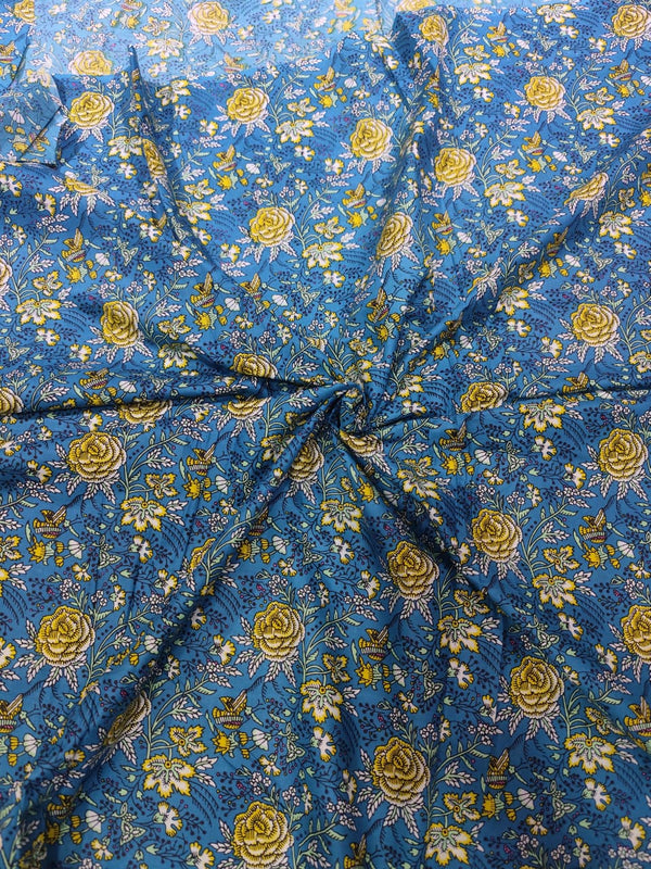 Premium Azure Blue & Yellow Floral Rose Jaal Pure Cotton Fabric