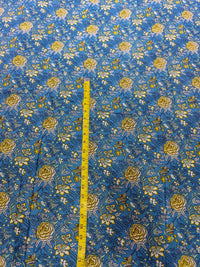 Premium Azure Blue & Yellow Floral Rose Jaal Pure Cotton Fabric