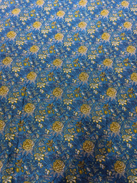 Premium Azure Blue & Yellow Floral Rose Jaal Pure Cotton Fabric