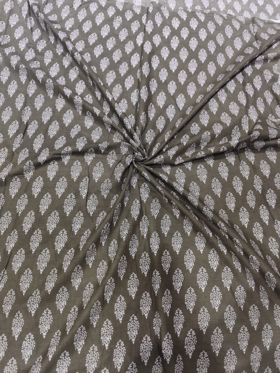 Premium Deep Olive & White Paisley Buti Pure Cotton Fabric