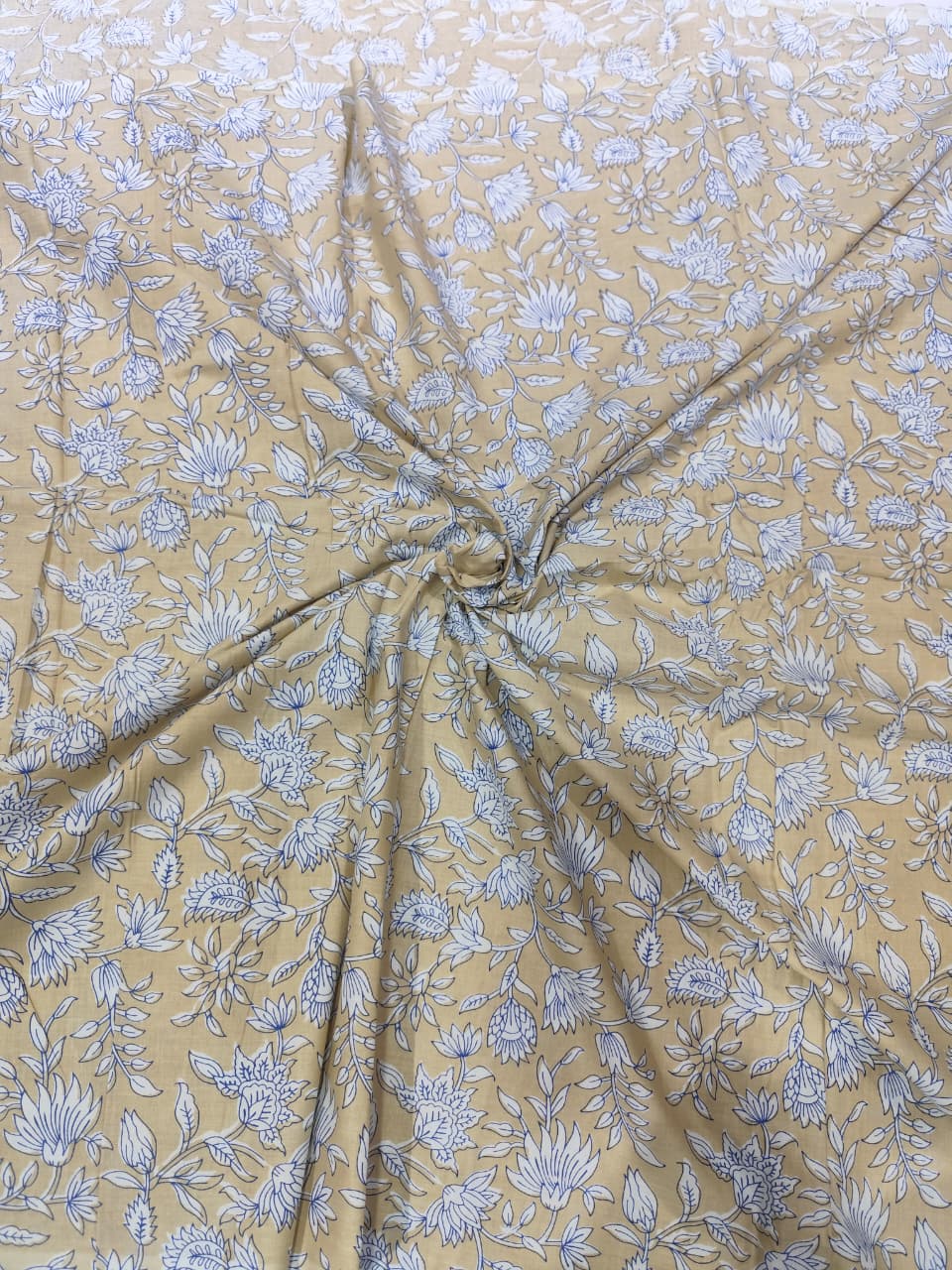 Premium Sandy Beige & Indigo Floral Jaal Pure Cotton Fabric