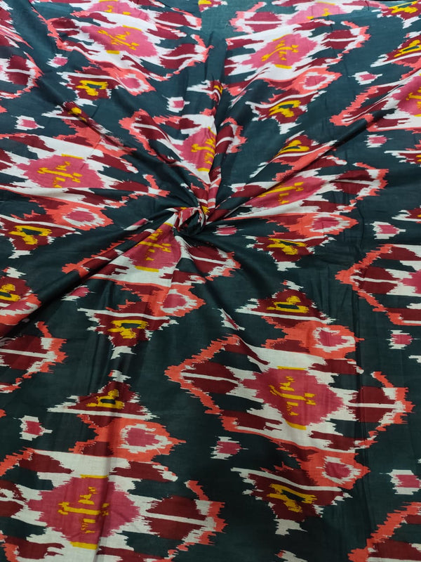Dark Teal Green & Coral Ikat Print Cotton Fabric
