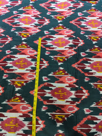 Dark Teal Green & Coral Ikat Print Cotton Fabric
